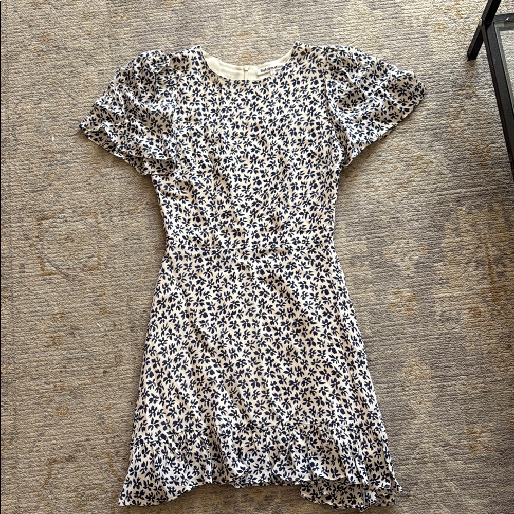 Reformation Navy and Cream Patterned Dress